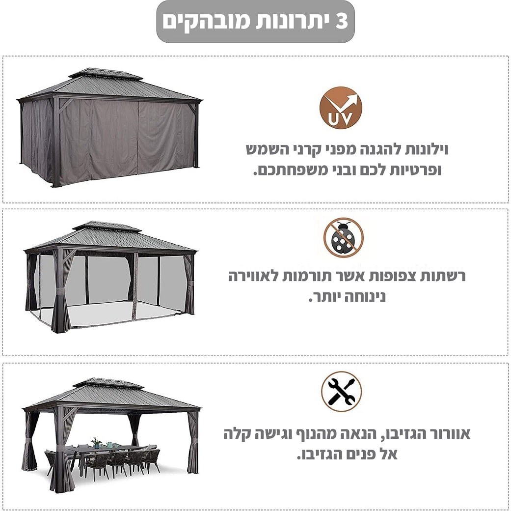 גזיבו אלומיניום דגם קנזס דלוקס 3.65X6 מטר