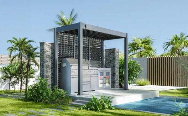 פרגולה אלומיניום לגריל בשילוב חיפוי אחורי לבחירה